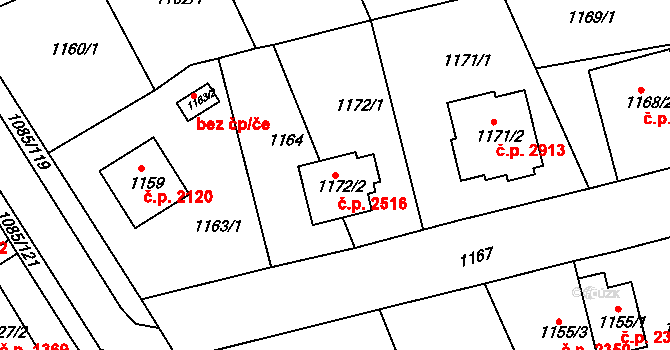 Frýdek 2516, Frýdek-Místek na parcele st. 1172/2 v KÚ Frýdek, Katastrální mapa