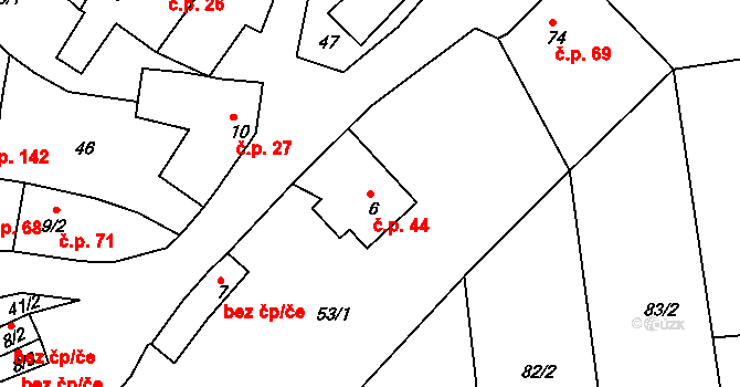 Borek 44, Rokycany na parcele st. 6 v KÚ Borek u Rokycan, Katastrální mapa