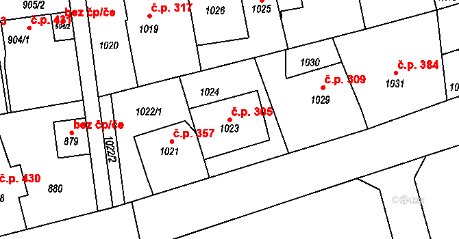 Vinoř 305, Praha na parcele st. 1023 v KÚ Vinoř, Katastrální mapa
