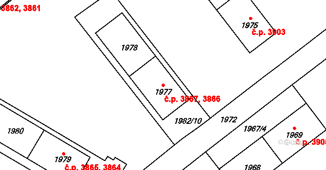 Chomutov 3866,3867 na parcele st. 1977 v KÚ Chomutov I, Katastrální mapa