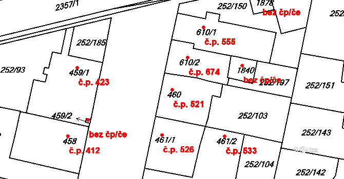 Rosice 521 na parcele st. 460 v KÚ Rosice u Brna, Katastrální mapa