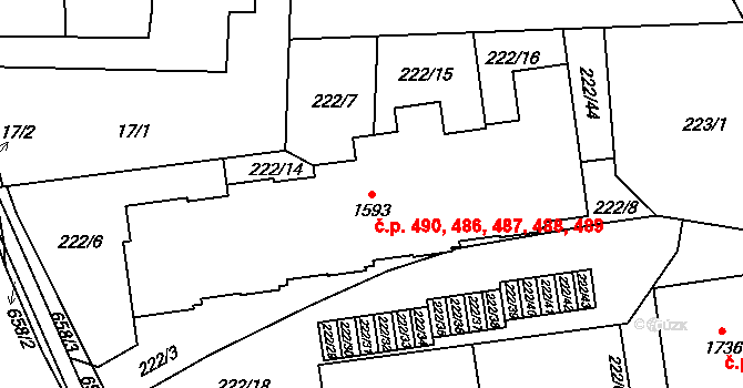 Pardubičky 486,487,488,489,490, Pardubice na parcele st. 1593 v KÚ Pardubičky, Katastrální mapa