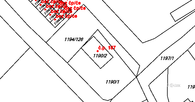 Odry 187 na parcele st. 1190/2 v KÚ Odry, Katastrální mapa