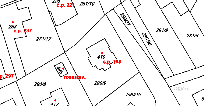 Popovice 198, Králův Dvůr na parcele st. 419 v KÚ Popovice u Králova Dvora, Katastrální mapa