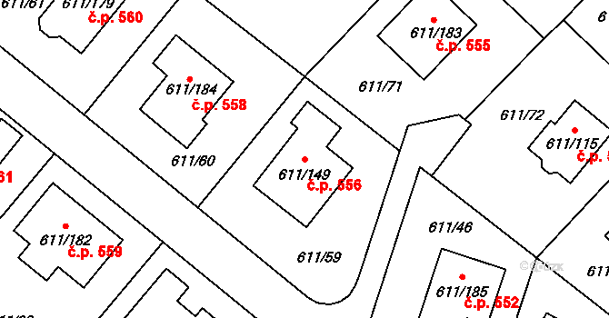 Srubec 556 na parcele st. 611/149 v KÚ Srubec, Katastrální mapa