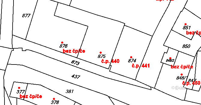 Jemnice 440 na parcele st. 875 v KÚ Jemnice, Katastrální mapa