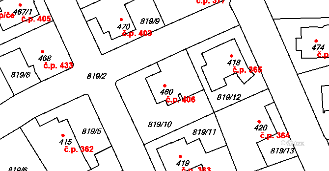Plesná 406 na parcele st. 460 v KÚ Plesná, Katastrální mapa