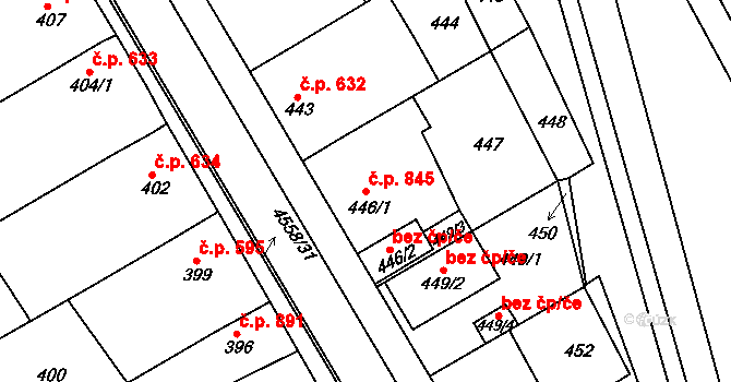 Vlčnov 845 na parcele st. 446/1 v KÚ Vlčnov, Katastrální mapa
