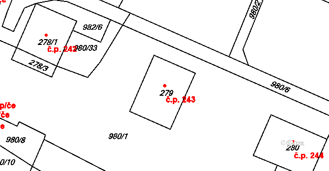 Čimelice 243 na parcele st. 279 v KÚ Čimelice, Katastrální mapa