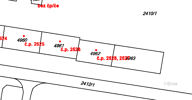 Zelené Předměstí 2527,2528, Pardubice na parcele st. 4963 v KÚ Pardubice, Katastrální mapa