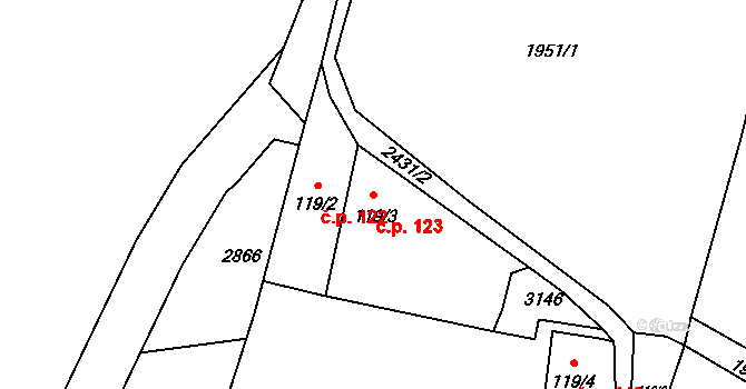 Lubenec 123 na parcele st. 119/3 v KÚ Lubenec, Katastrální mapa