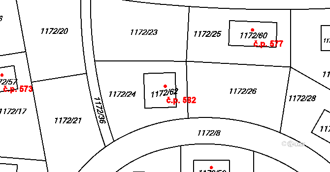 Smečno 582 na parcele st. 1172/62 v KÚ Smečno, Katastrální mapa