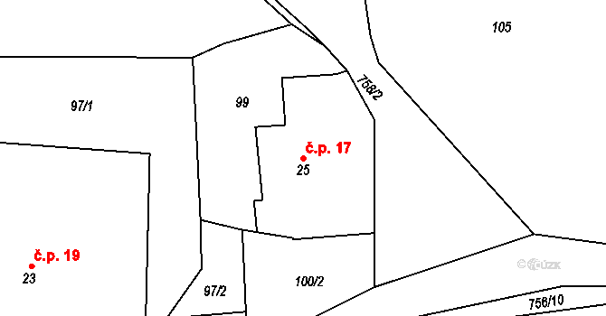 Pulice 17, Dobruška na parcele st. 25 v KÚ Pulice, Katastrální mapa