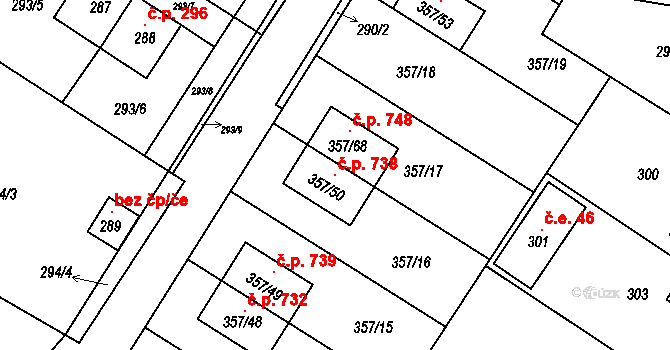 Satalice 738, Praha na parcele st. 357/50 v KÚ Satalice, Katastrální mapa