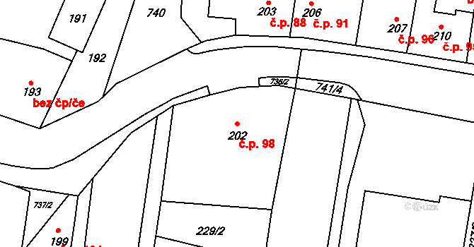 Vranovice 98, Vranovice-Kelčice na parcele st. 202 v KÚ Vranovice, Katastrální mapa