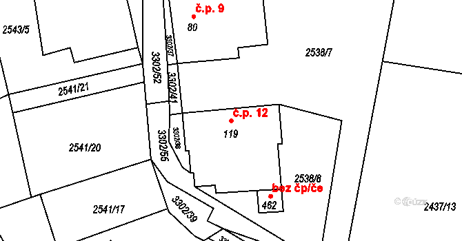 Koroseky 12, Vrábče na parcele st. 119 v KÚ Vrábče, Katastrální mapa