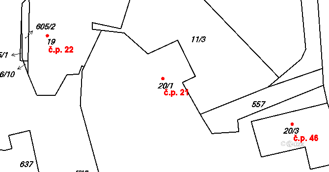 Uhřínovice 21, Brtnice na parcele st. 20/1 v KÚ Uhřínovice u Jihlavy, Katastrální mapa
