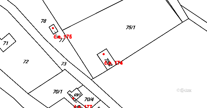 Jihlava 174 na parcele st. 75/2 v KÚ Pančava, Katastrální mapa