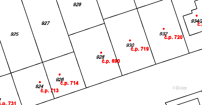 Lužice 690 na parcele st. 928 v KÚ Lužice u Hodonína, Katastrální mapa