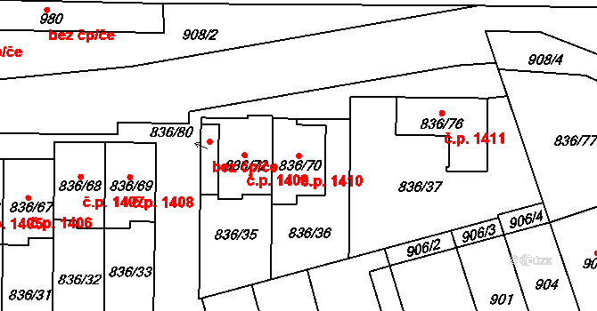 Slavkov u Brna 1410 na parcele st. 836/70 v KÚ Slavkov u Brna, Katastrální mapa
