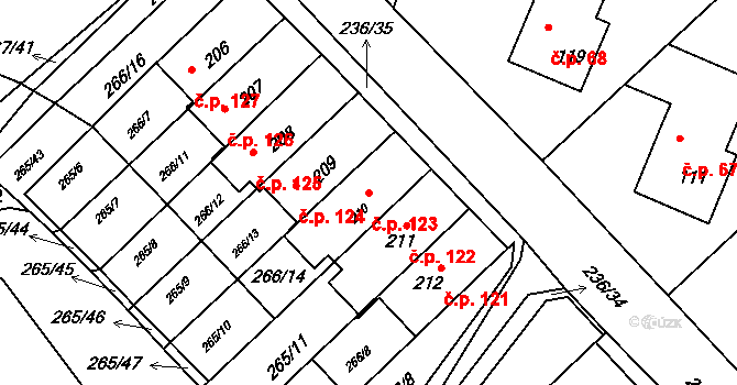 Bradlec 123 na parcele st. 210 v KÚ Bradlec, Katastrální mapa