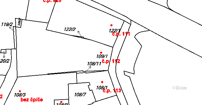 Hulín 112 na parcele st. 109/1 v KÚ Hulín, Katastrální mapa