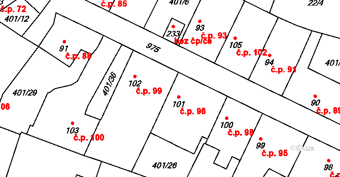 Chodouň 96 na parcele st. 101 v KÚ Chodouň, Katastrální mapa