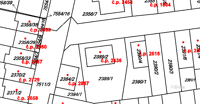 Líšeň 2436, Brno na parcele st. 2389/2 v KÚ Líšeň, Katastrální mapa