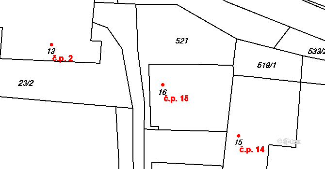 Lhota 15, Lhota-Vlasenice na parcele st. 16 v KÚ Lhota u Kamenice nad Lipou, Katastrální mapa