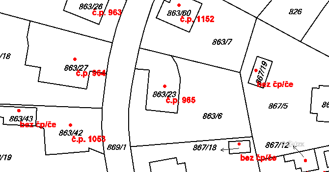 Pelhřimov 965 na parcele st. 863/23 v KÚ Pelhřimov, Katastrální mapa