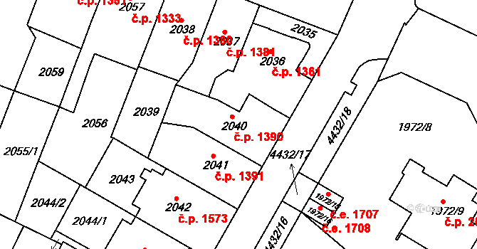 Teplice 1390 na parcele st. 2040 v KÚ Teplice, Katastrální mapa