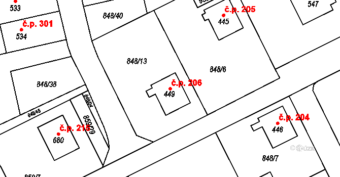 Daliměřice 206, Turnov na parcele st. 449 v KÚ Daliměřice, Katastrální mapa