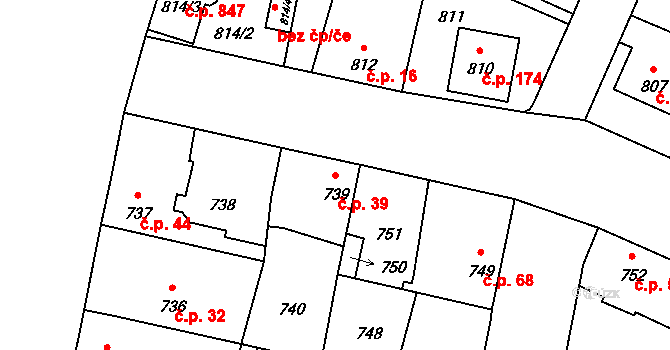 Čimice 39, Praha na parcele st. 739 v KÚ Čimice, Katastrální mapa