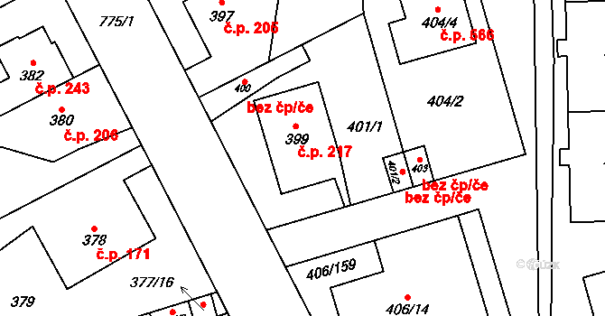 Letňany 217, Praha na parcele st. 399 v KÚ Letňany, Katastrální mapa