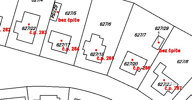 Malešice 285, Praha na parcele st. 627/18 v KÚ Malešice, Katastrální mapa