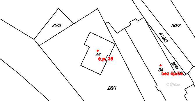 Vyšehorky 36, Líšnice na parcele st. 48 v KÚ Vyšehorky, Katastrální mapa