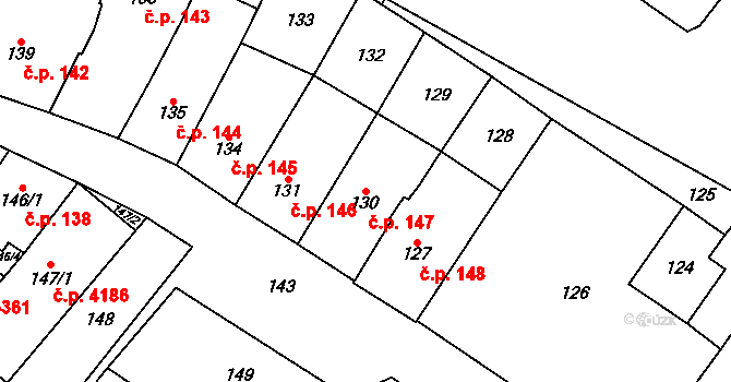 Chomutov 147 na parcele st. 130 v KÚ Chomutov I, Katastrální mapa