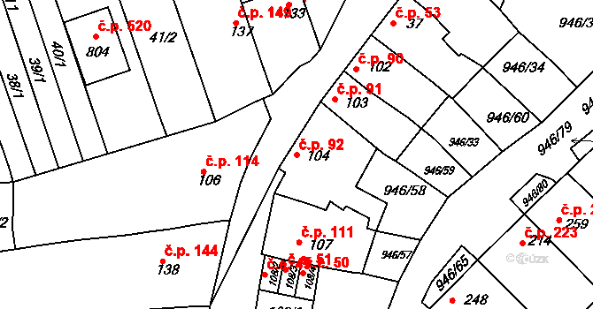 Čebín 92 na parcele st. 104 v KÚ Čebín, Katastrální mapa