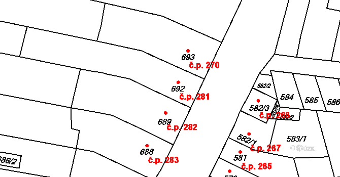 Rajhradice 281 na parcele st. 692 v KÚ Rajhradice, Katastrální mapa