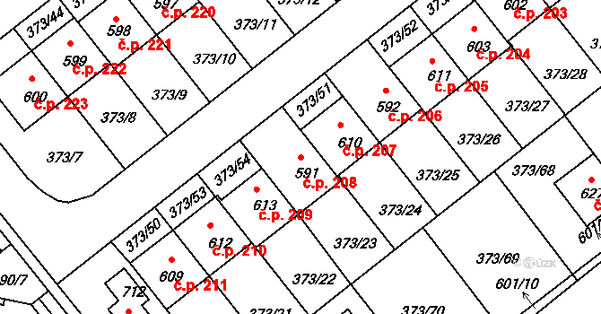 Kvíček 208, Slaný na parcele st. 591 v KÚ Kvíc, Katastrální mapa