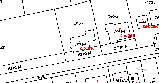 Velká Bystřice 816 na parcele st. 1503/4 v KÚ Velká Bystřice, Katastrální mapa