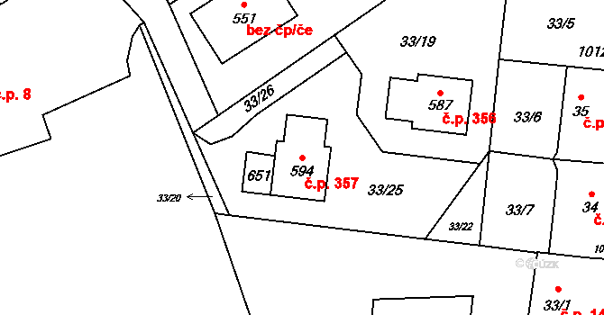 Hrochův Týnec 357 na parcele st. 594 v KÚ Hrochův Týnec, Katastrální mapa