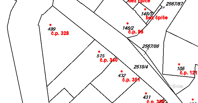 Pacov 340 na parcele st. 515 v KÚ Pacov, Katastrální mapa