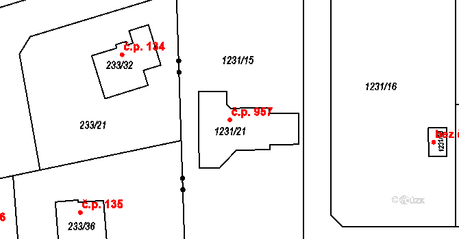 Podbořany 957 na parcele st. 1231/21 v KÚ Podbořany, Katastrální mapa