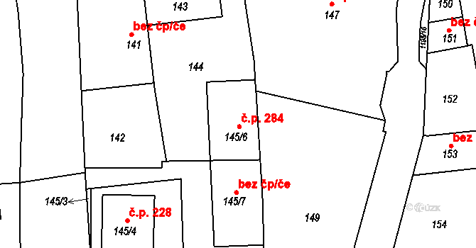 Úštěk-Českolipské Předměstí 284, Úštěk na parcele st. 145/6 v KÚ Úštěk, Katastrální mapa