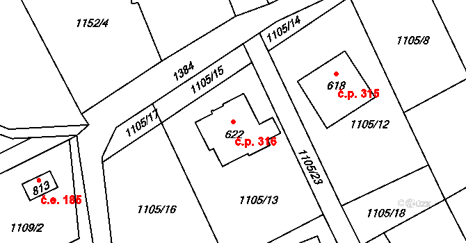 Kudlov 316, Zlín na parcele st. 622 v KÚ Kudlov, Katastrální mapa