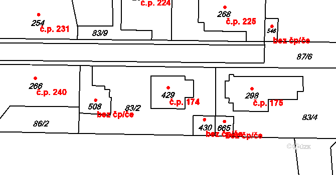 Hrochův Týnec 174 na parcele st. 429 v KÚ Hrochův Týnec, Katastrální mapa