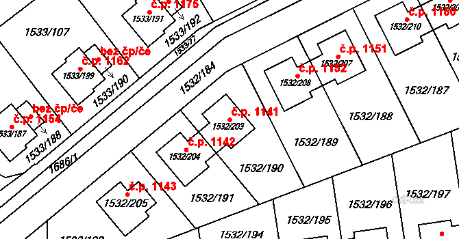 Řeporyje 1141, Praha na parcele st. 1532/203 v KÚ Řeporyje, Katastrální mapa