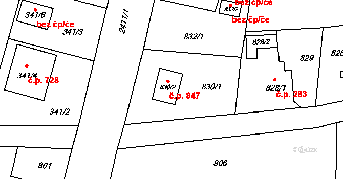 Skřečoň 847, Bohumín na parcele st. 830/2 v KÚ Skřečoň, Katastrální mapa