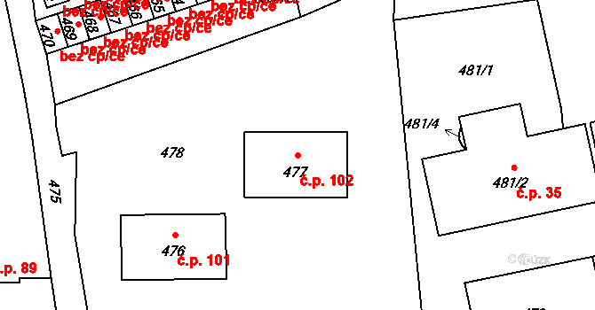 Vlčnov 102, Starý Jičín na parcele st. 477 v KÚ Vlčnov u Starého Jičína, Katastrální mapa